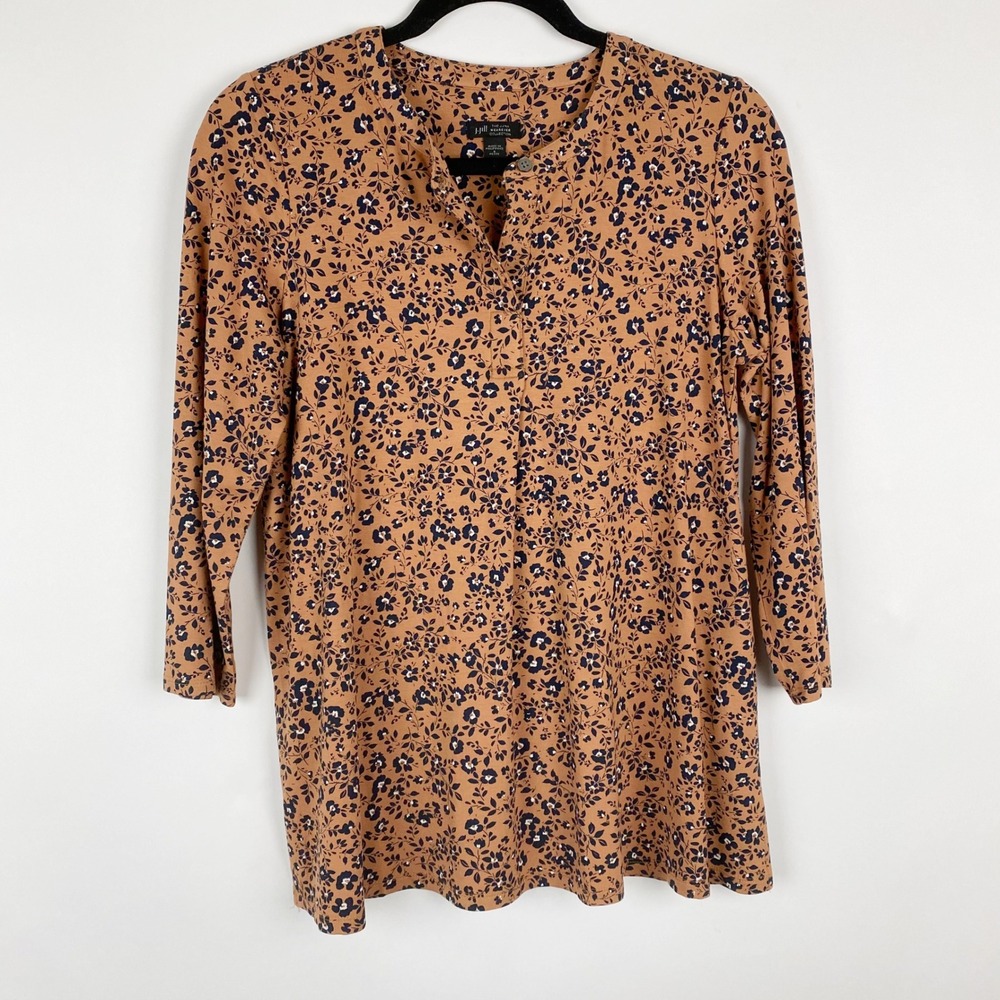 J. Jill Wearever Tunic Top Women SP Petite Brown Floral 3/4 Sleeve Stretch